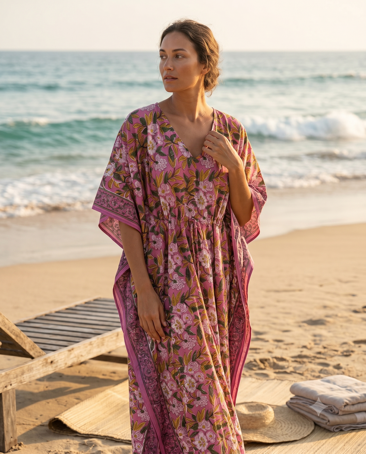 Plum & Pink Floral Hand Block Print Cotton Kaftan – Mulberry