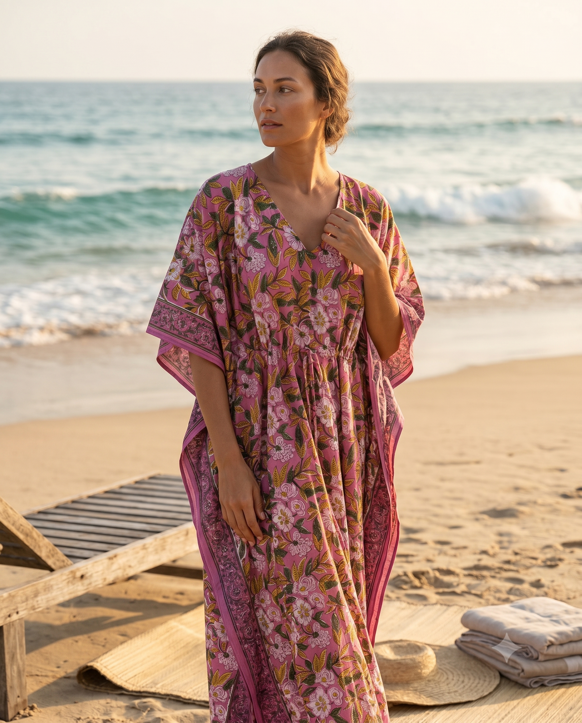 Plum & Pink Floral Hand Block Print Cotton Kaftan – Mulberry