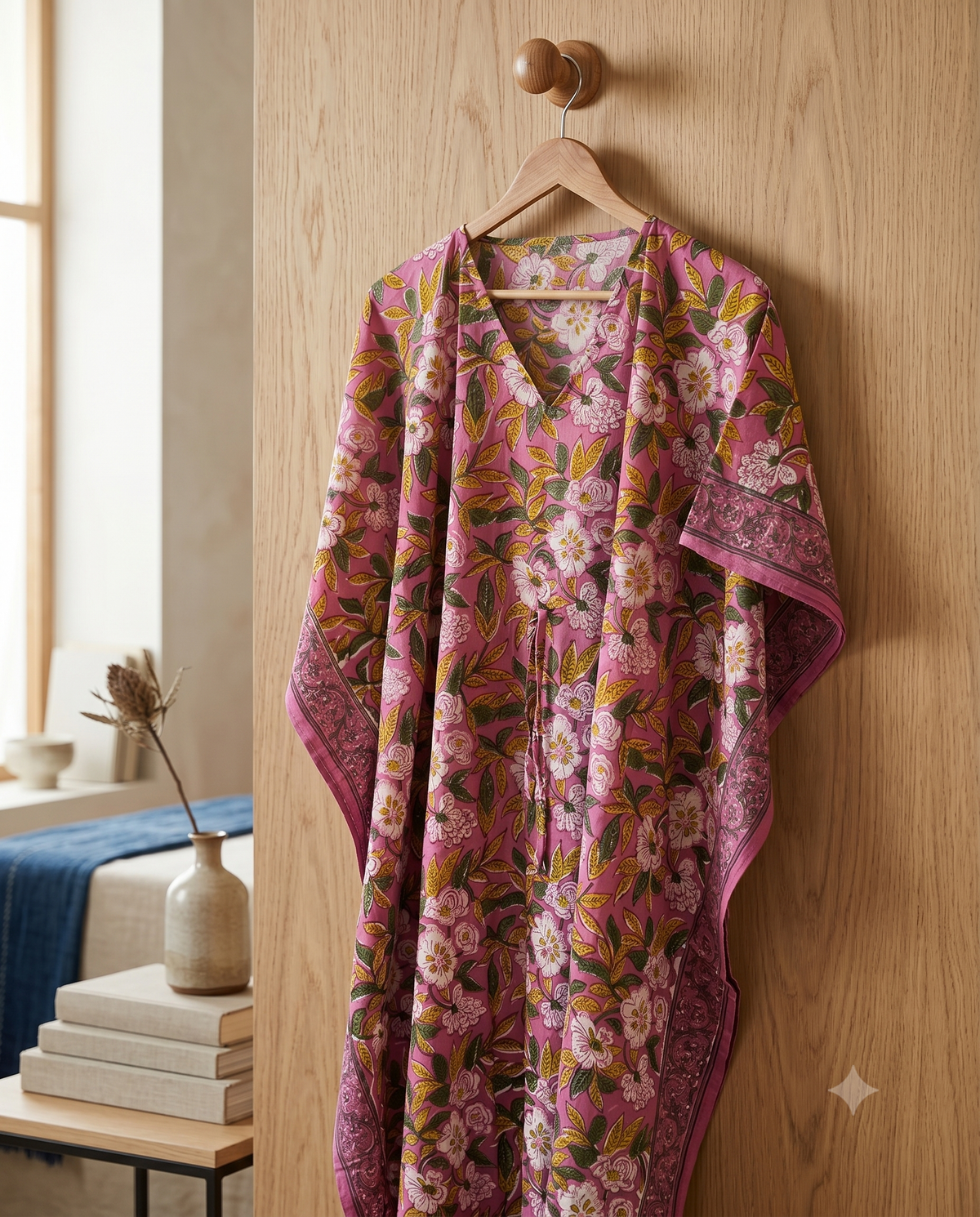 Plum & Pink Floral Hand Block Print Cotton Kaftan – Mulberry