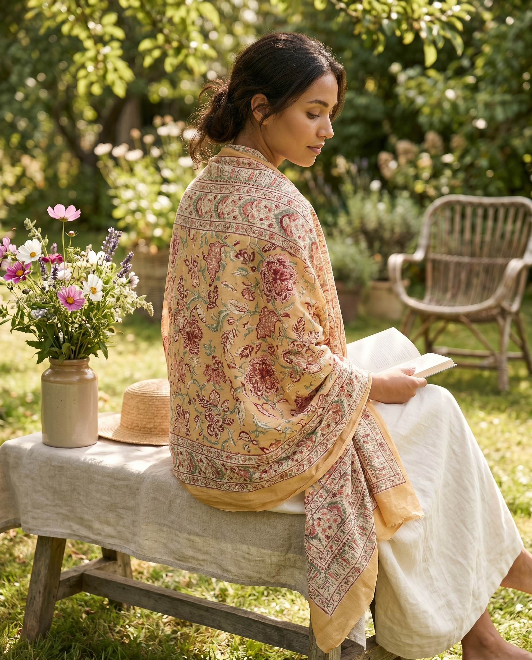 Mustard & Rose Floral Hand Block Print Cotton Sarong – Amber