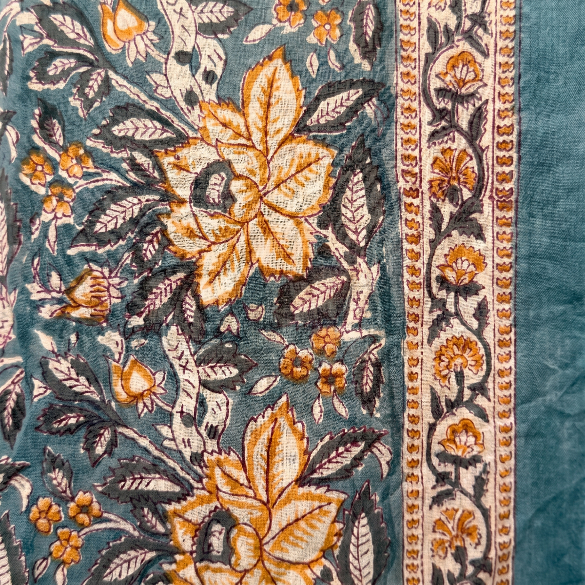 Teal & Ochre Floral Hand Block Print Cotton Sarong – Juniper