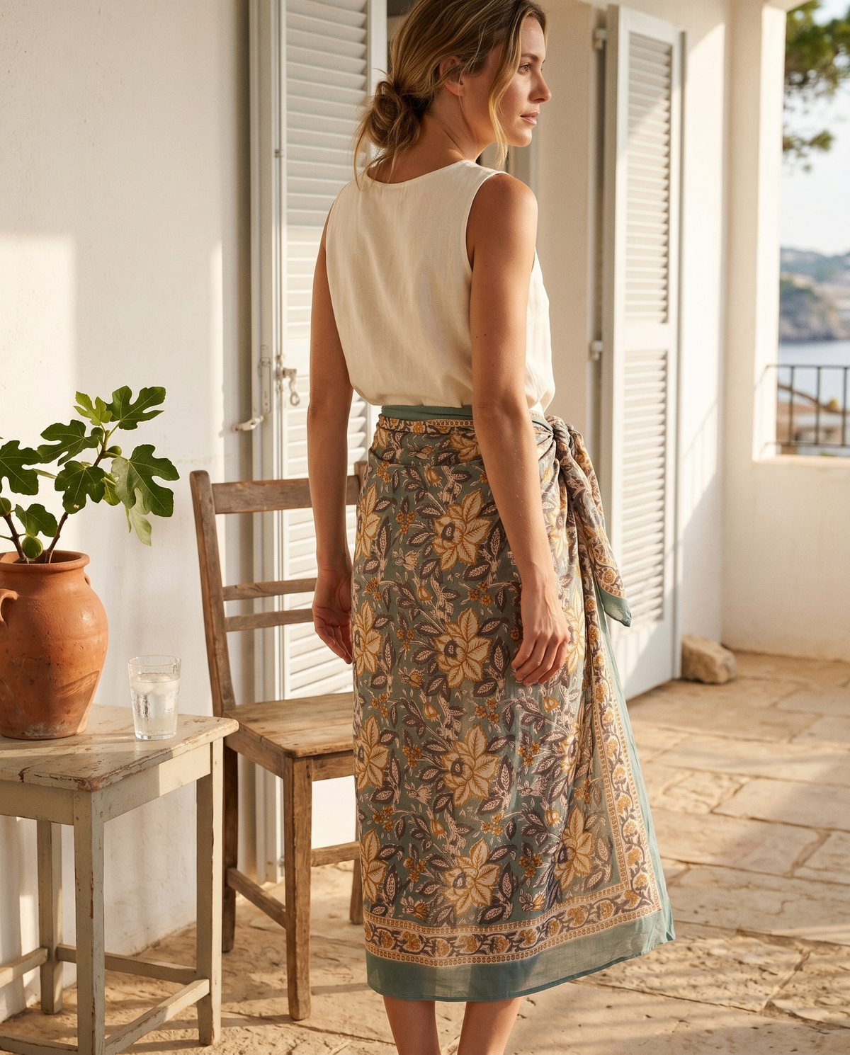 Teal & Ochre Floral Hand Block Print Cotton Sarong – Juniper