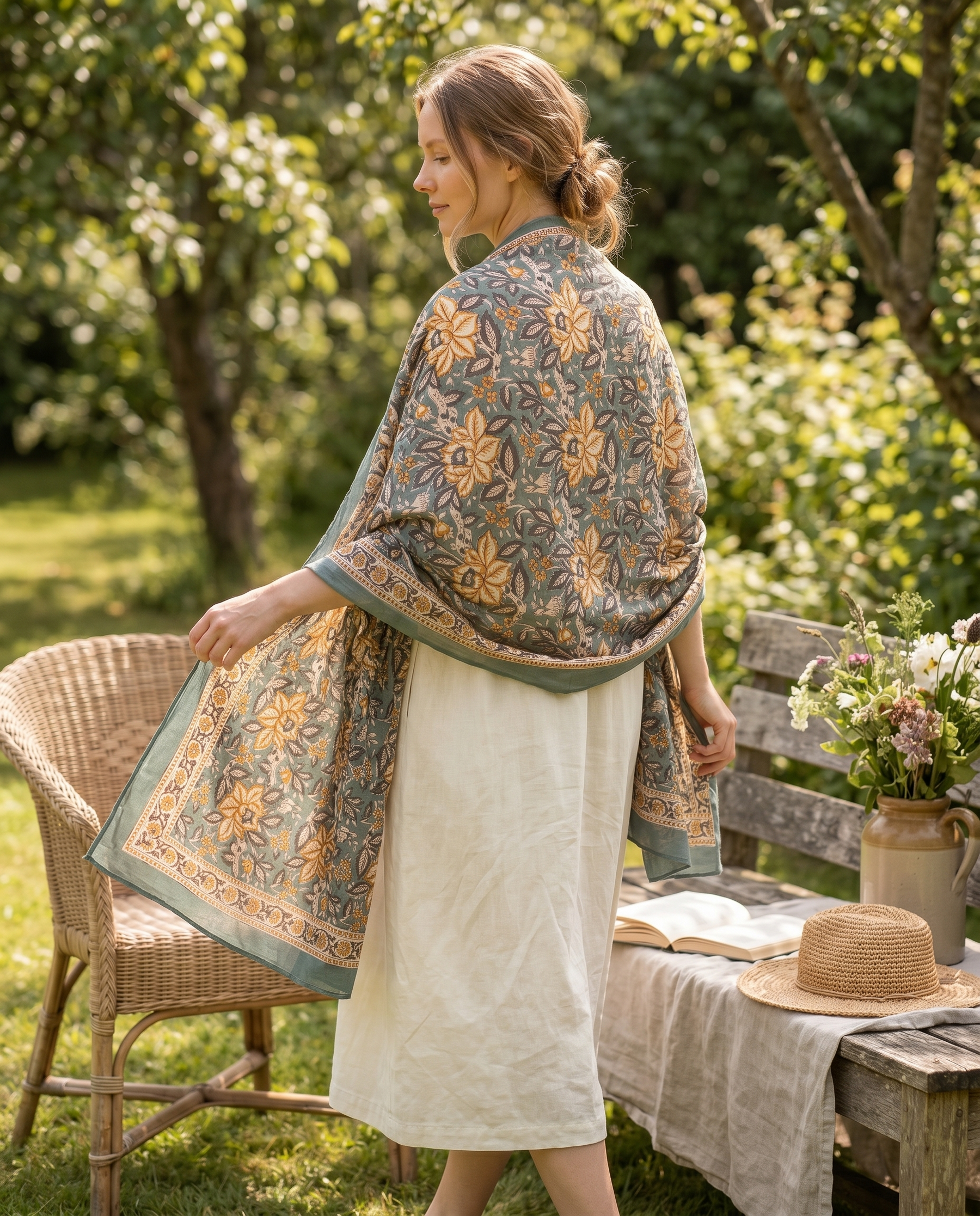 Teal & Ochre Floral Hand Block Print Cotton Sarong – Juniper