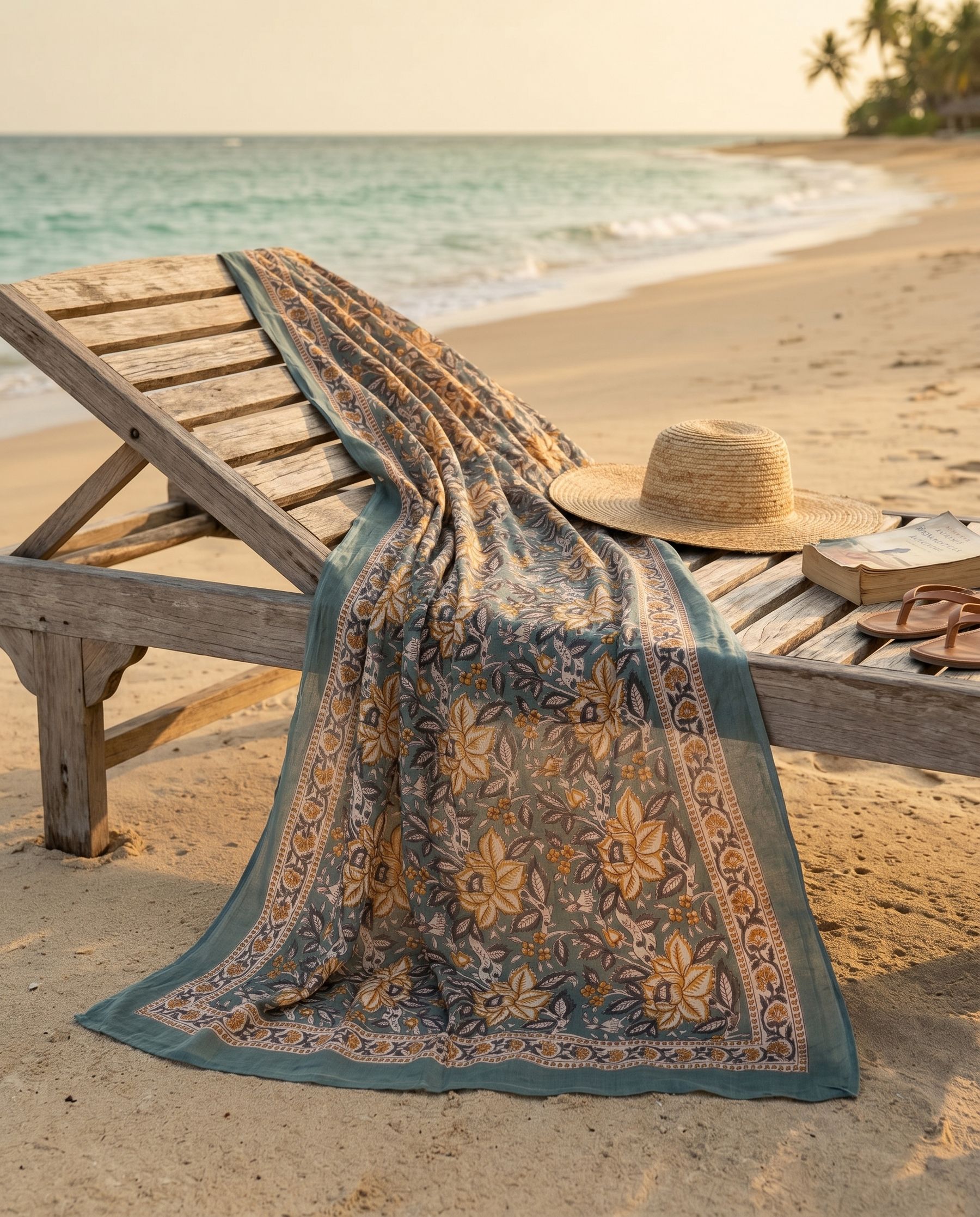 Teal & Ochre Floral Hand Block Print Cotton Sarong – Juniper