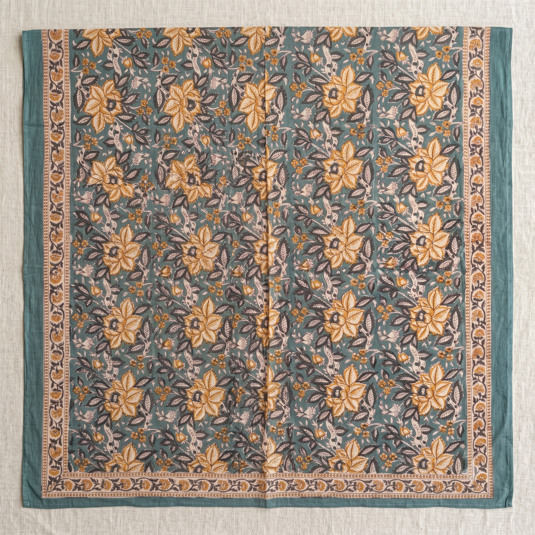 Teal & Ochre Floral Hand Block Print Cotton Sarong – Juniper