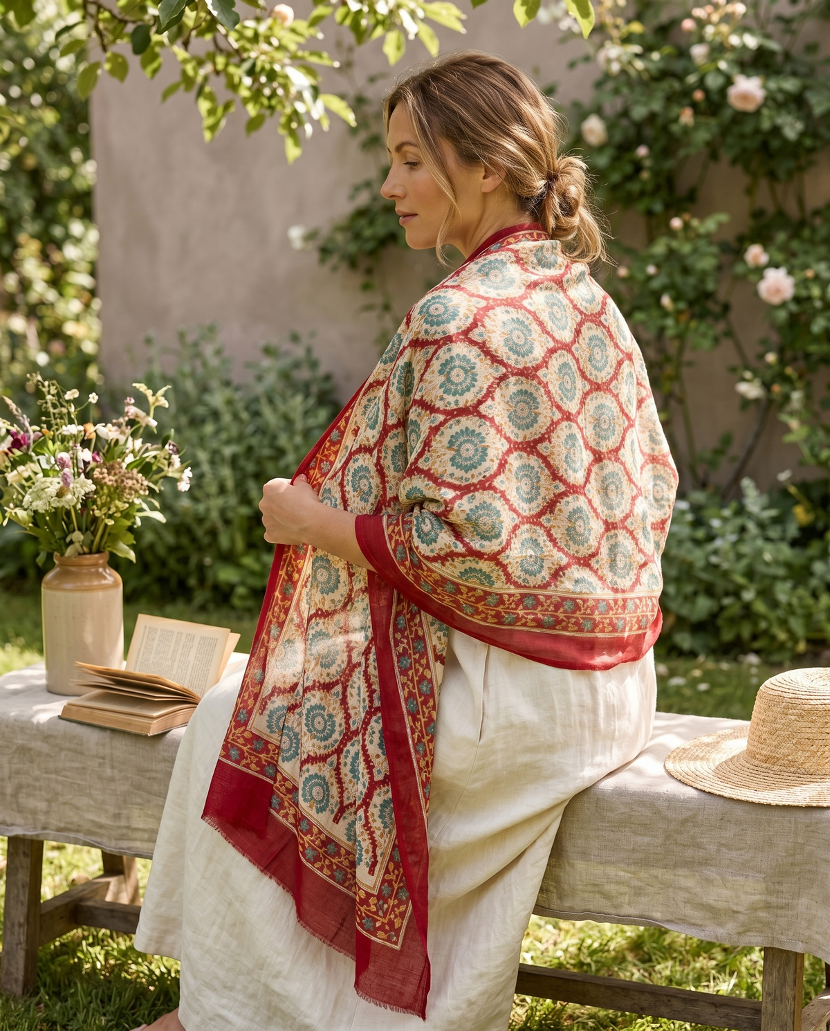 Crimson & Cream Geometric Hand Block Print Cotton Sarong – Garnet