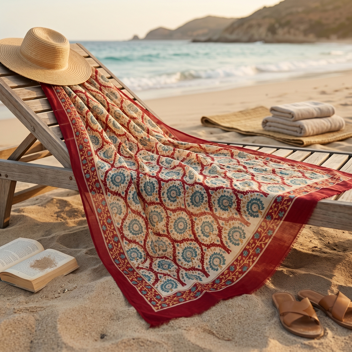 Crimson & Cream Geometric Hand Block Print Cotton Sarong – Garnet