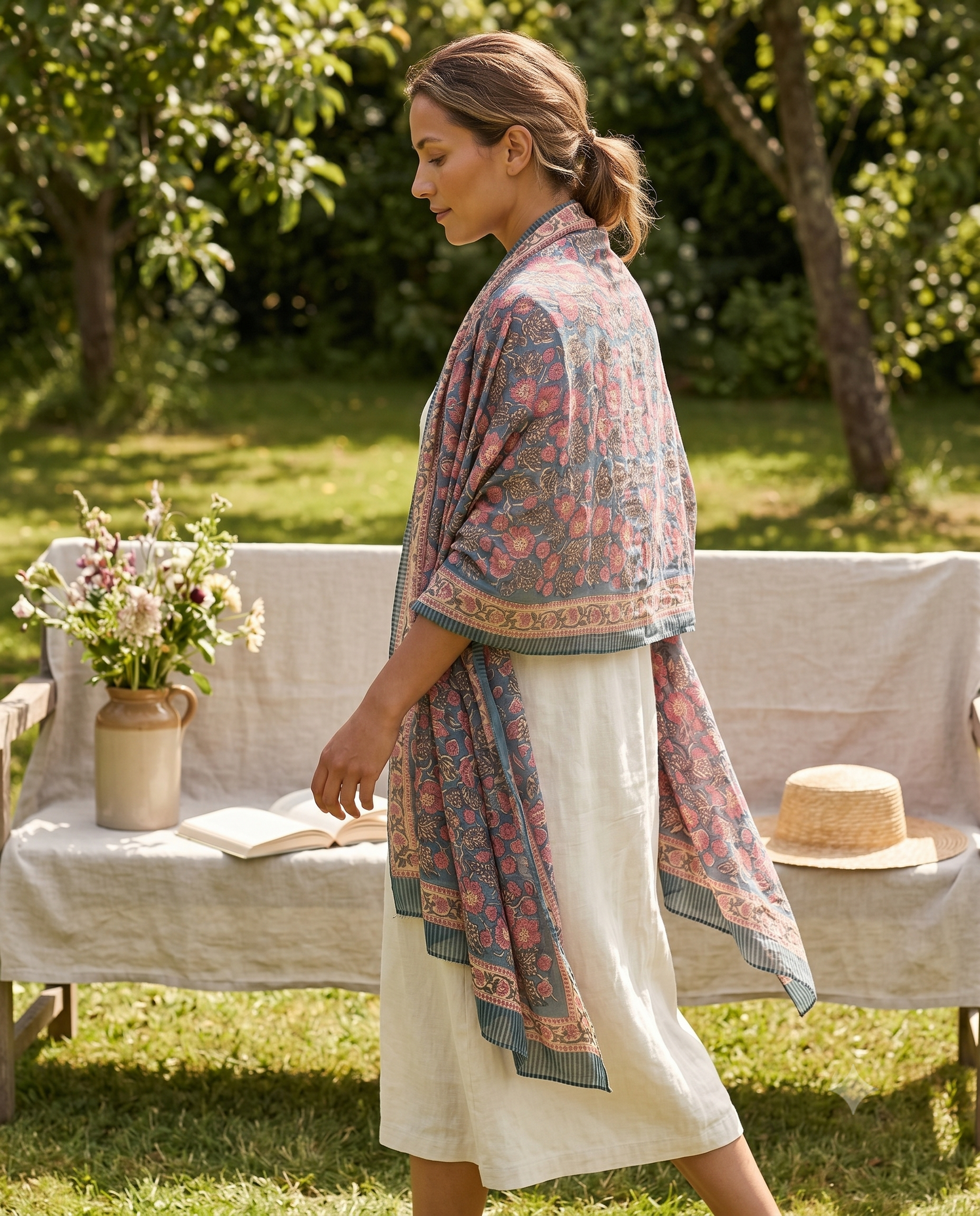 Indigo & Coral Poppy Hand Block Print Cotton Sarong – Poppy