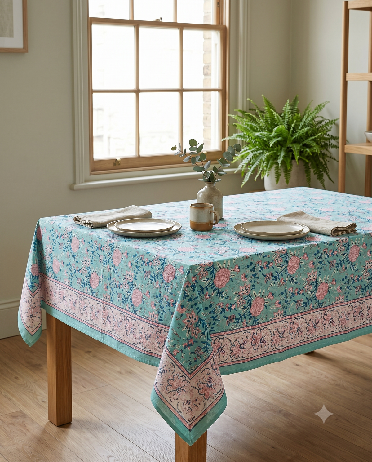Aqua & Pink Floral Hand Block Print Cotton Tablecloth – Rosewater