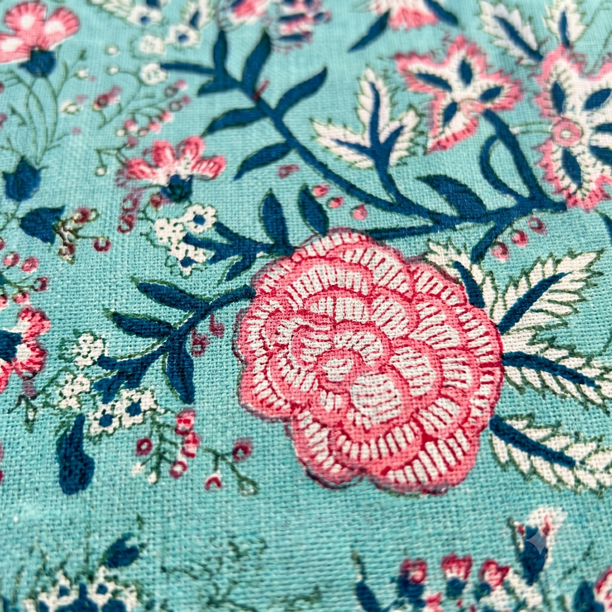 Aqua & Pink Floral Hand Block Print Cotton Tablecloth – Rosewater