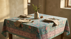 Aqua & Pink Floral Hand Block Print Cotton Tablecloth – Rosewater