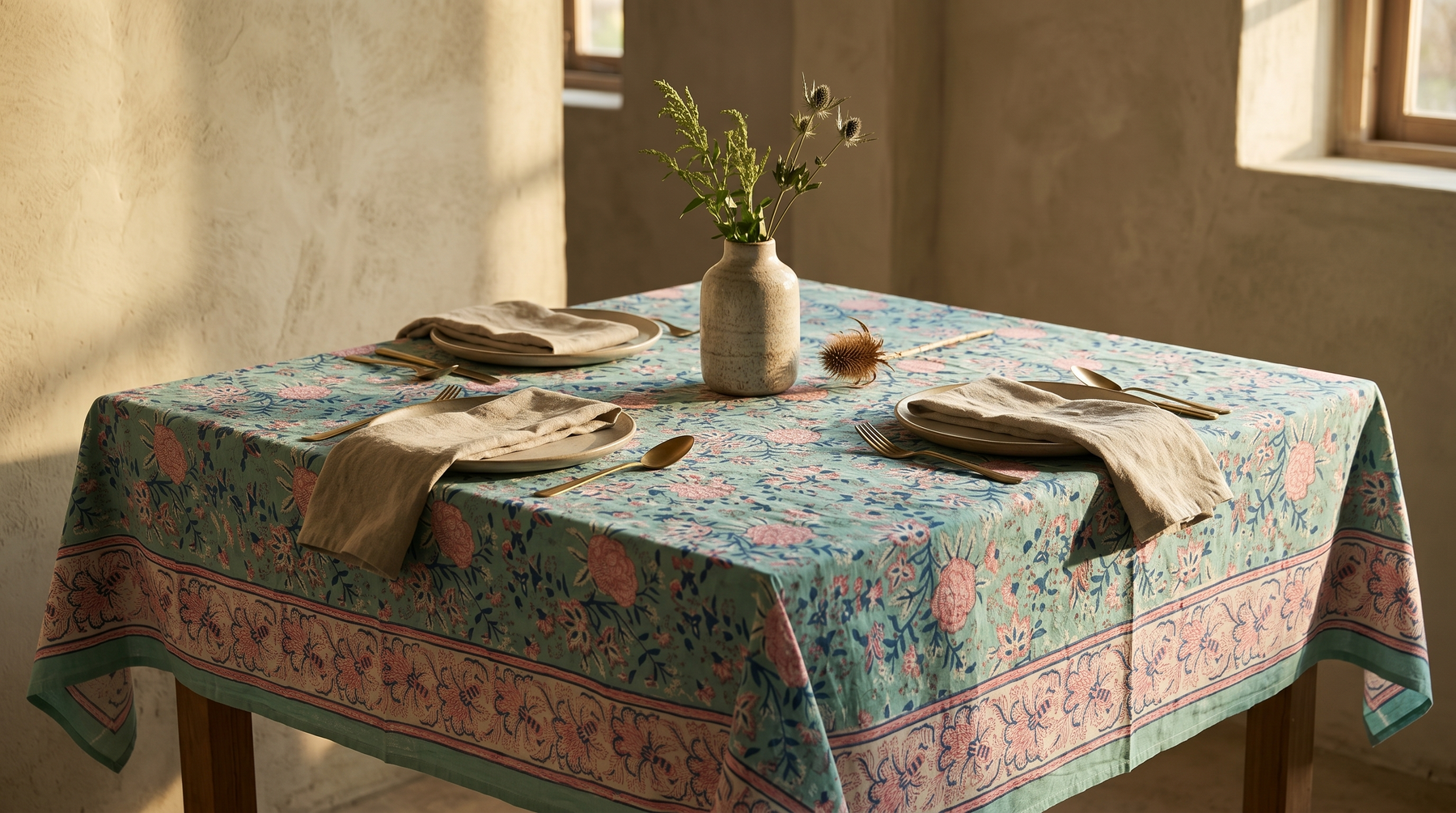 Aqua & Pink Floral Hand Block Print Cotton Tablecloth – Rosewater