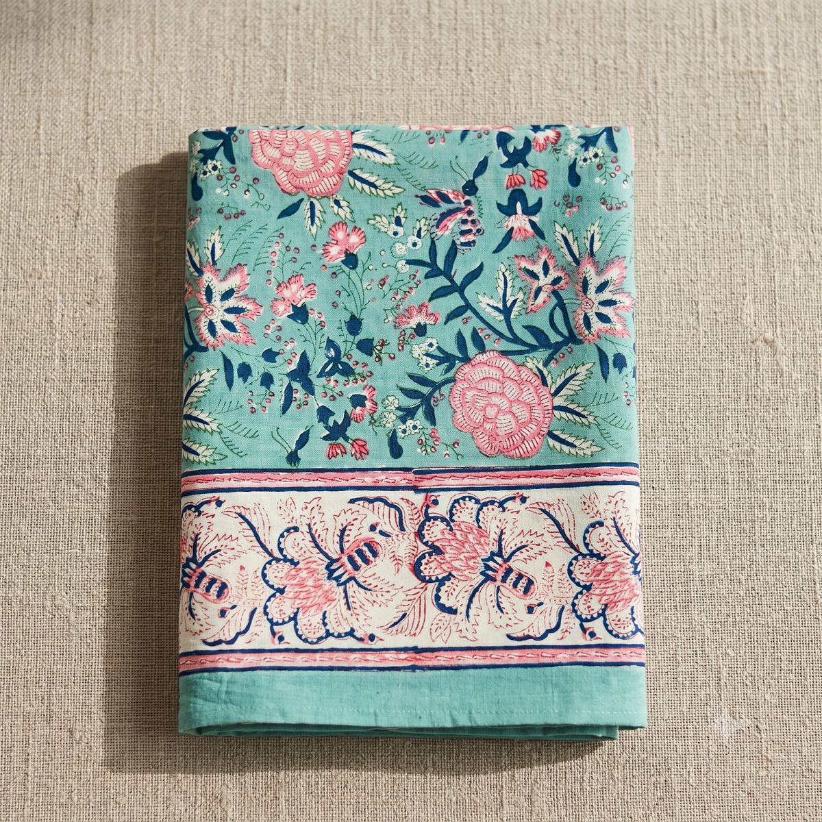 Aqua & Pink Floral Hand Block Print Cotton Tablecloth – Rosewater
