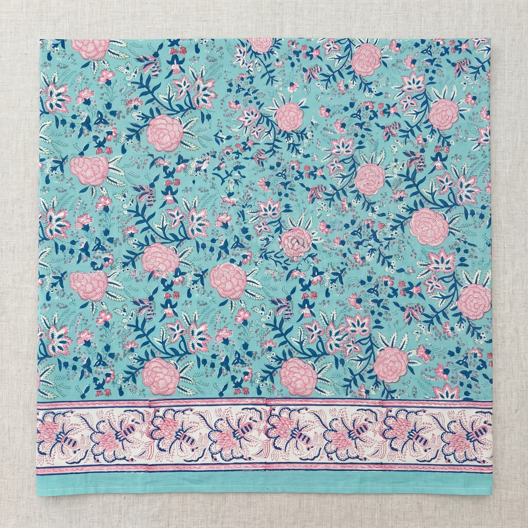 Aqua & Pink Floral Hand Block Print Cotton Tablecloth – Rosewater