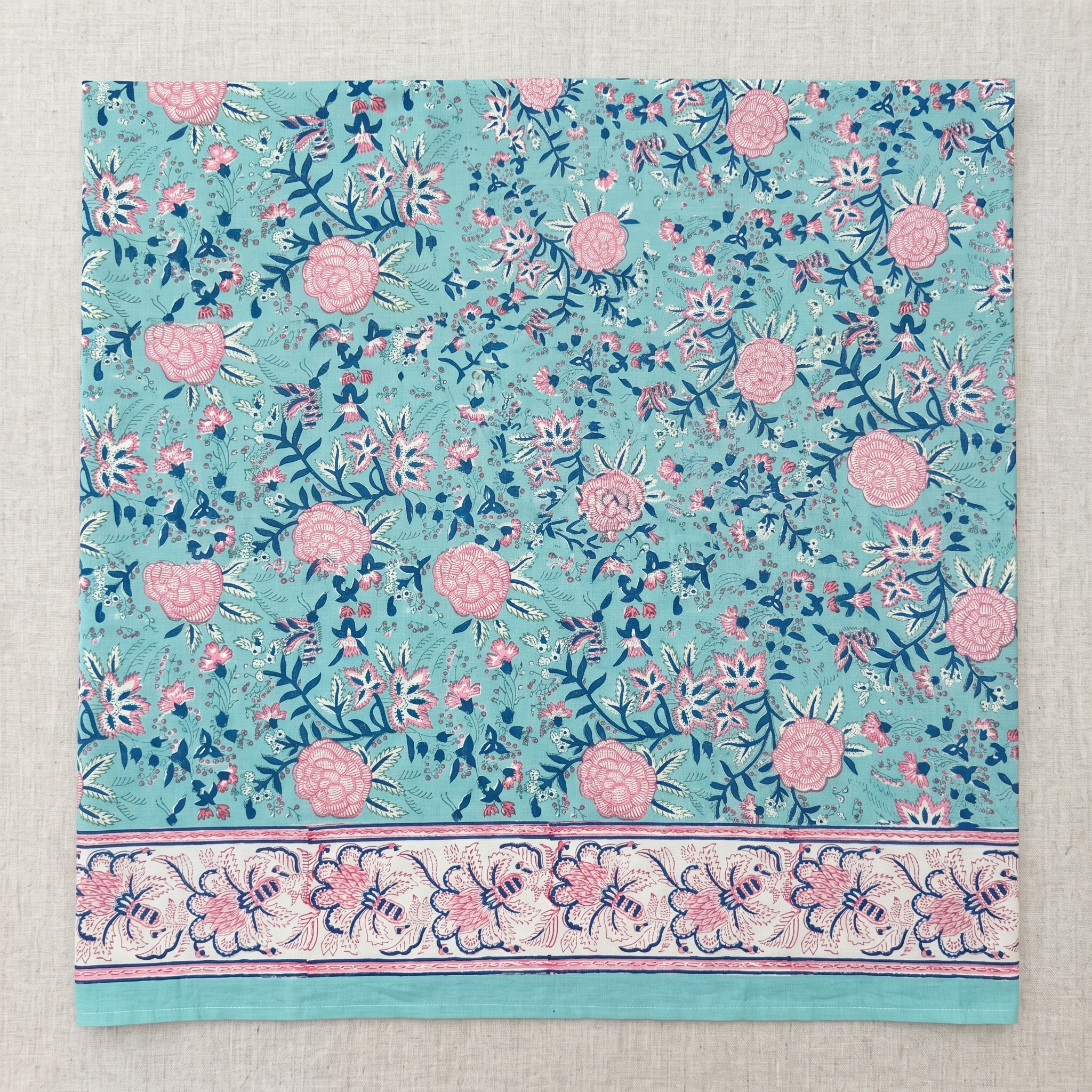 Aqua & Pink Floral Hand Block Print Cotton Tablecloth – Rosewater