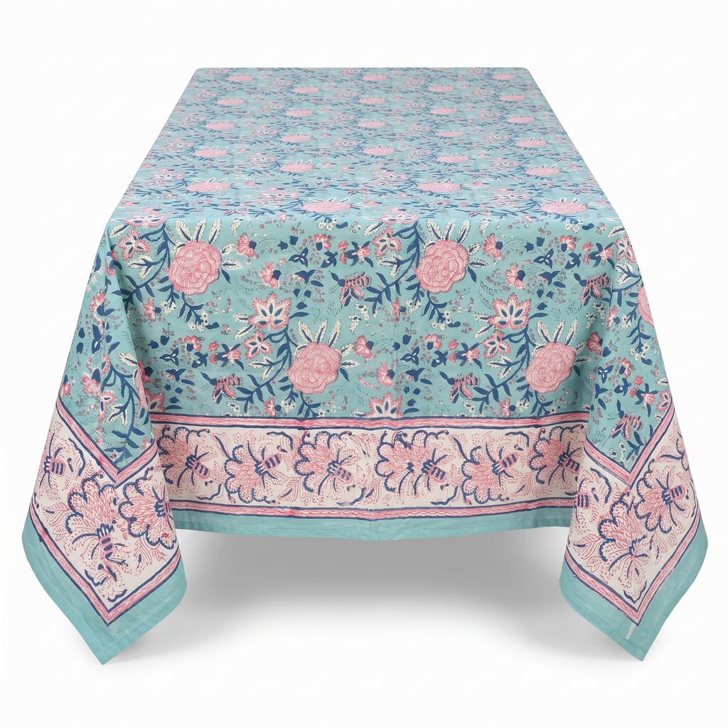 Aqua & Pink Floral Hand Block Print Cotton Tablecloth – Rosewater