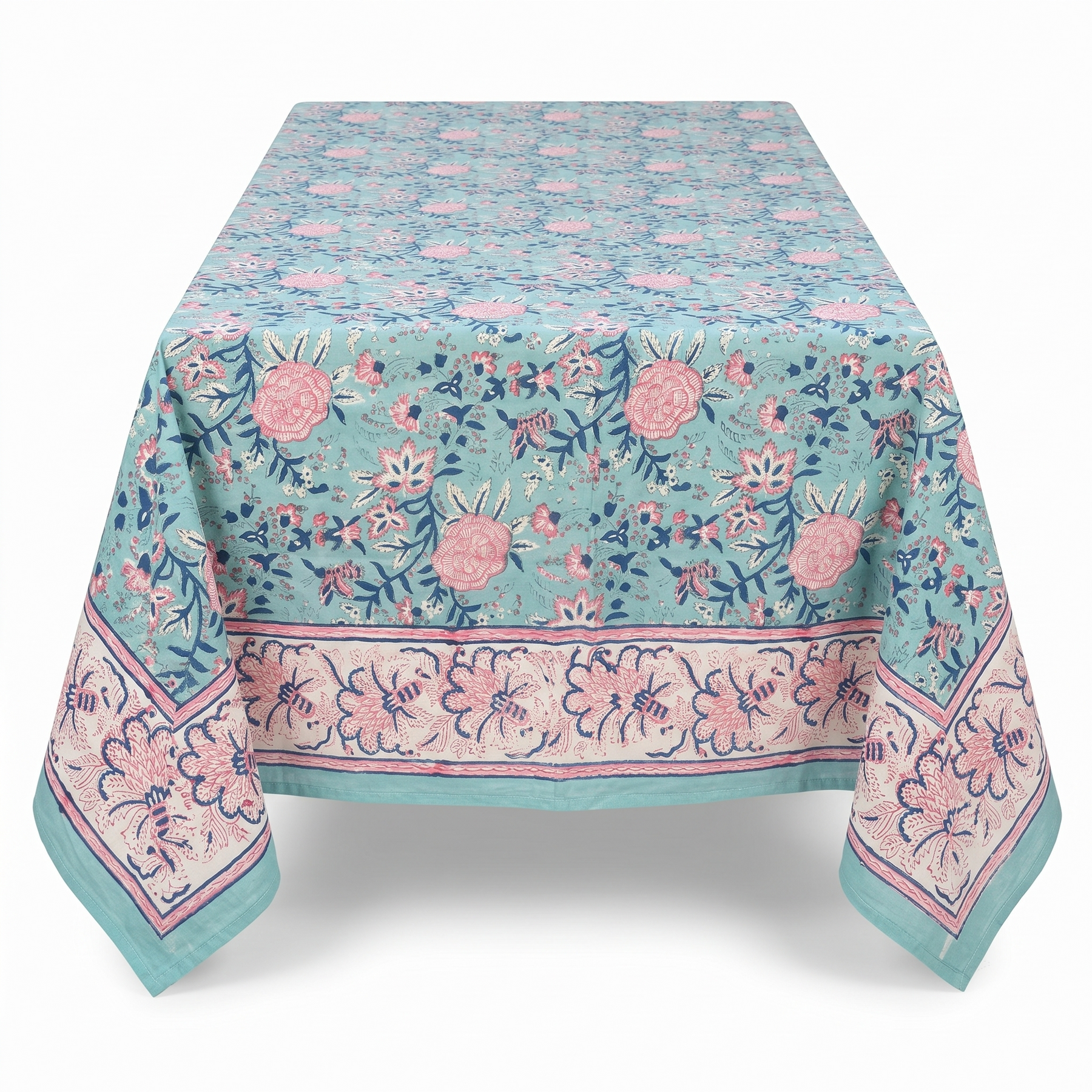 Aqua & Pink Floral Hand Block Print Cotton Tablecloth – Rosewater