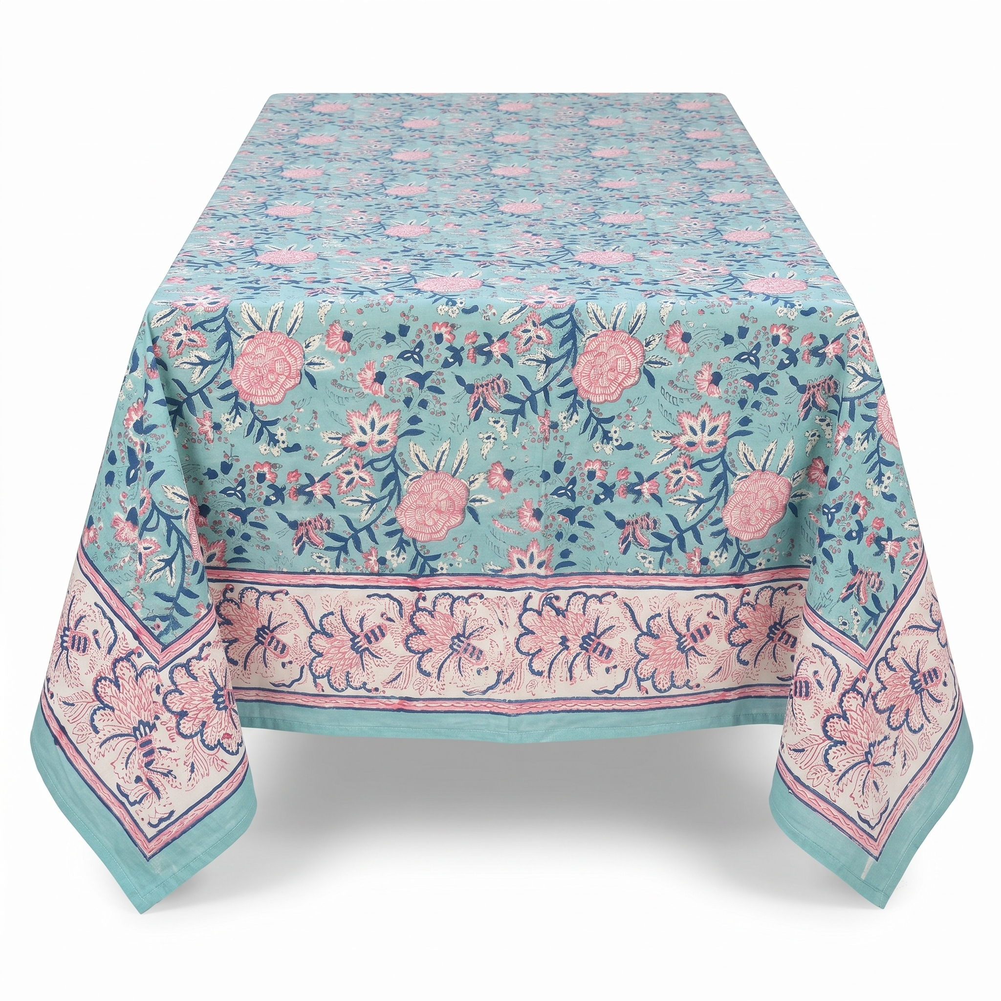 Aqua & Pink Floral Hand Block Print Cotton Tablecloth – Rosewater