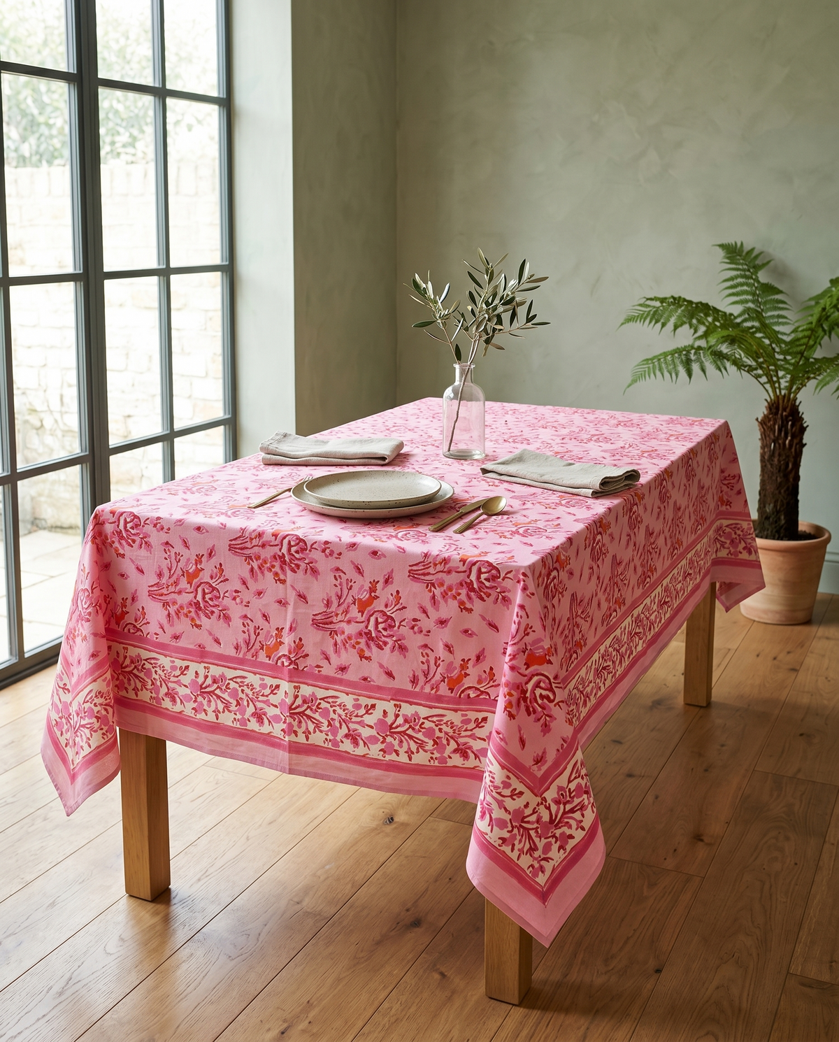 Pink & Coral Floral Hand Block Print Cotton Tablecloth – Peony