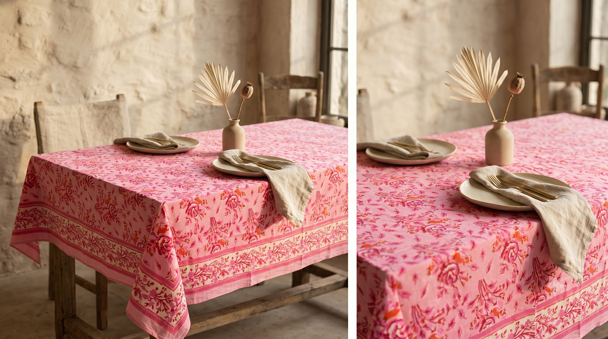 Pink & Coral Floral Hand Block Print Cotton Tablecloth – Peony