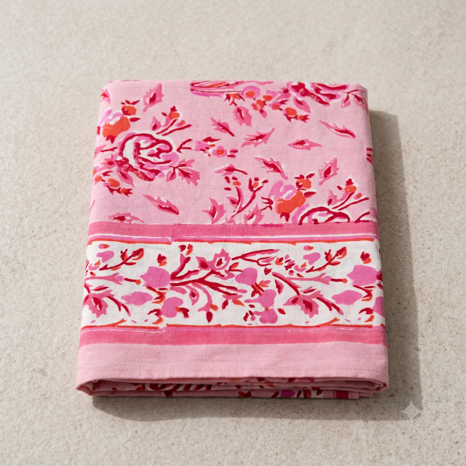 Pink & Coral Floral Hand Block Print Cotton Tablecloth – Peony
