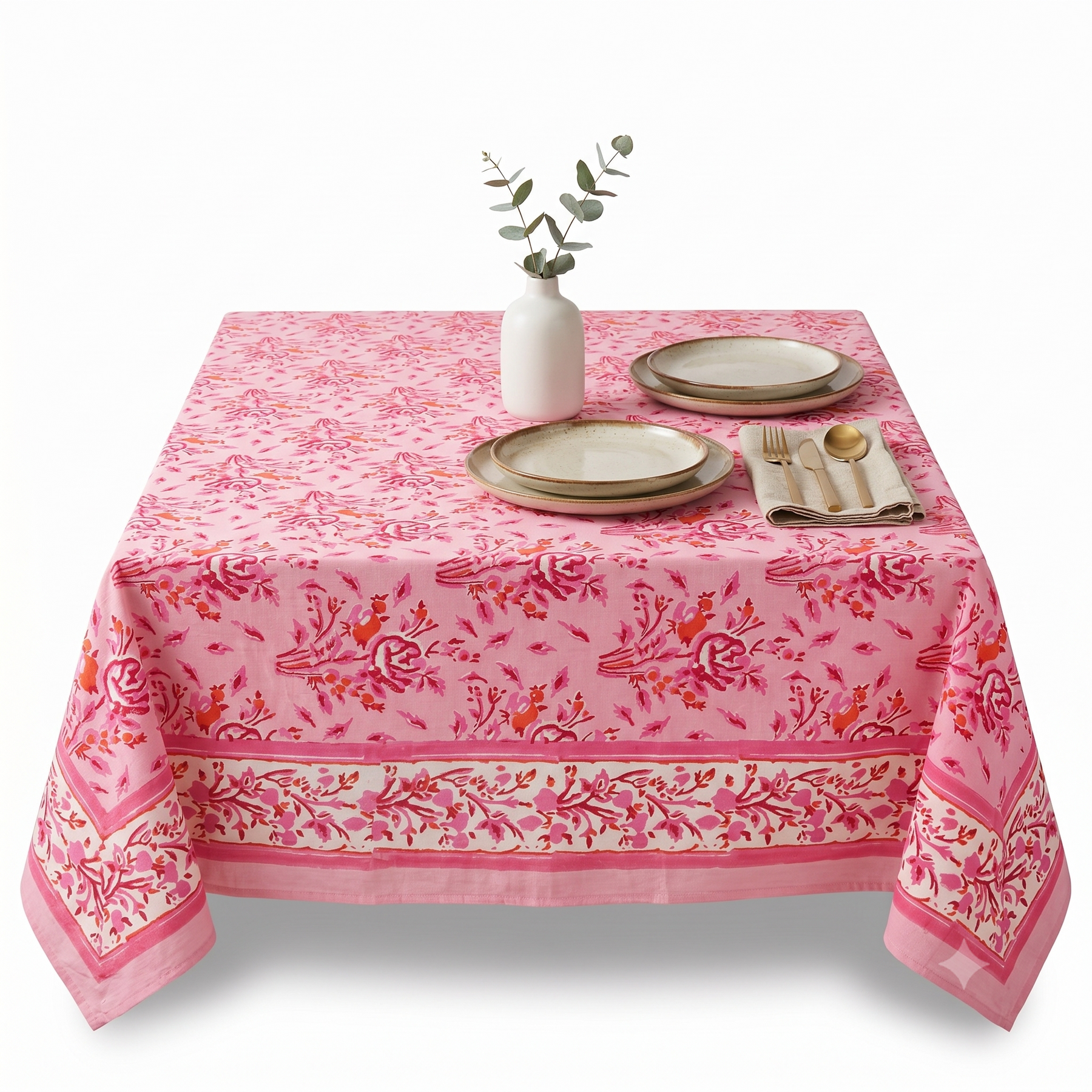 Pink & Coral Floral Hand Block Print Cotton Tablecloth – Peony