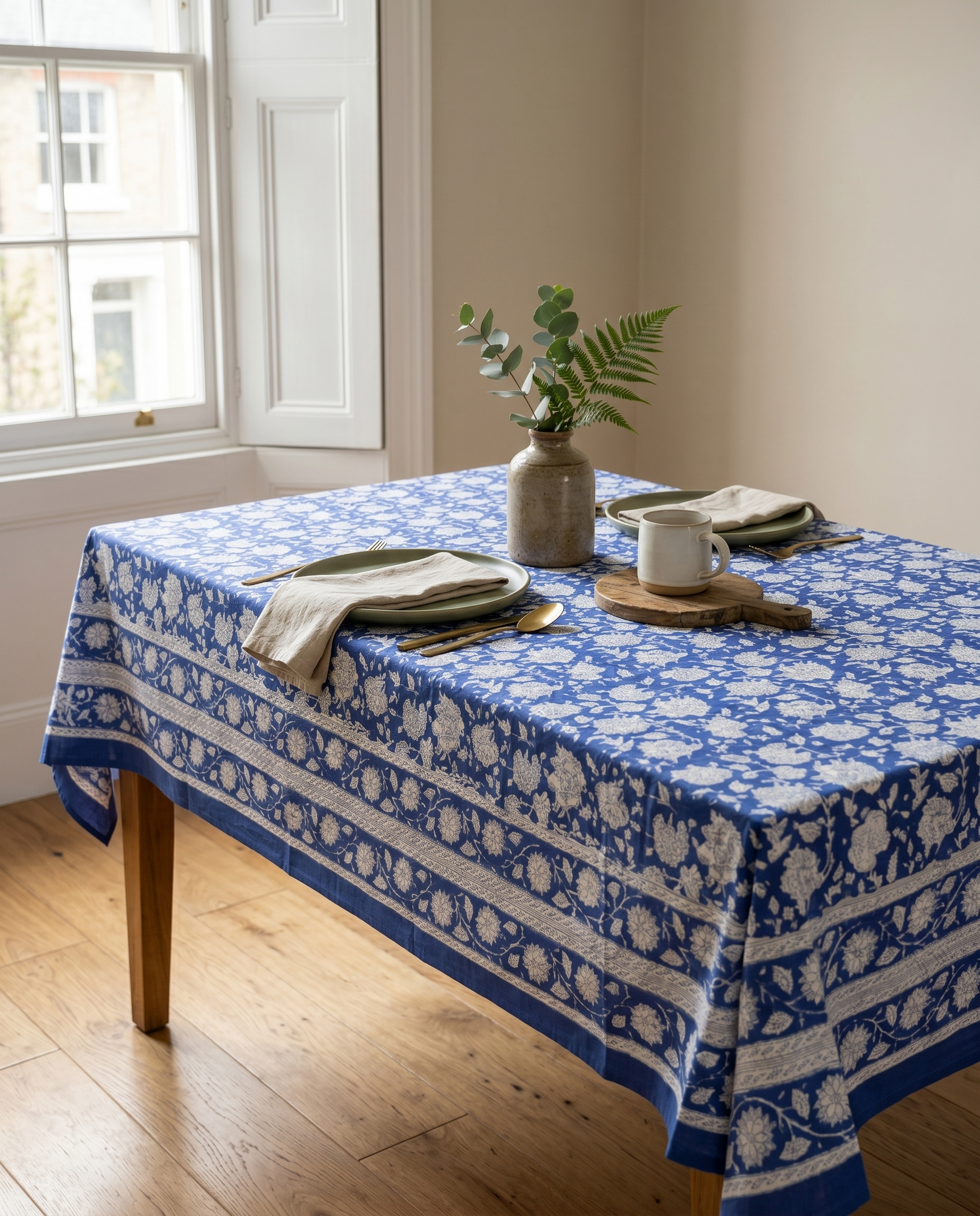 Blue & White Floral Hand Block Print Cotton Tablecloth – Porcelain