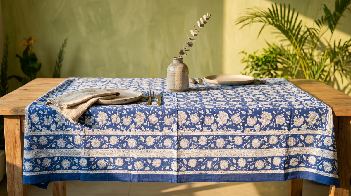 Blue & White Floral Hand Block Print Cotton Tablecloth – Porcelain
