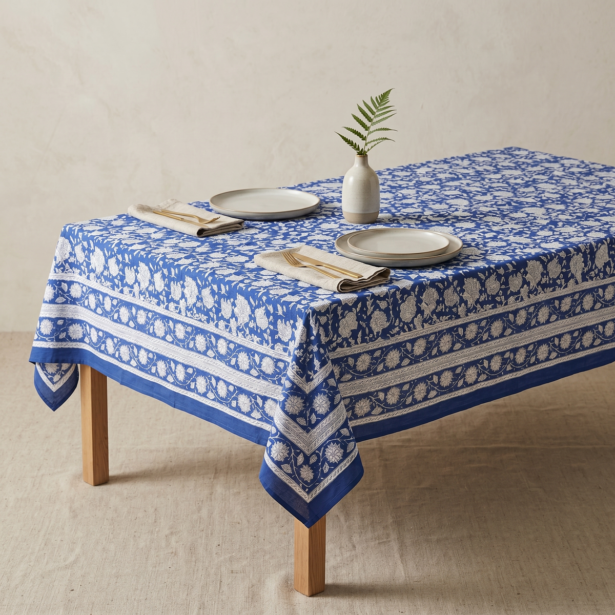 Blue & White Floral Hand Block Print Cotton Tablecloth – Porcelain