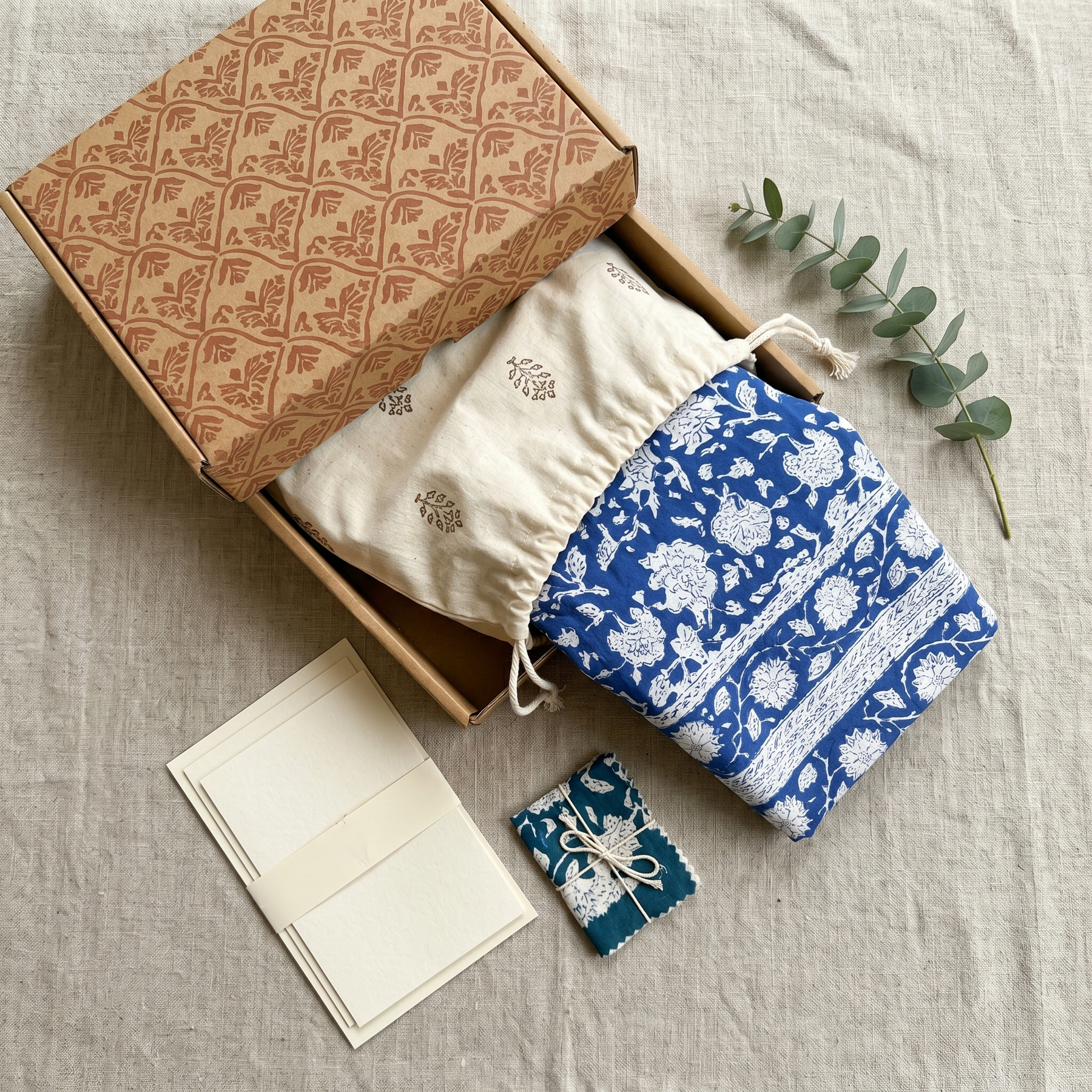 Blue & White Floral Hand Block Print Cotton Tablecloth – Porcelain
