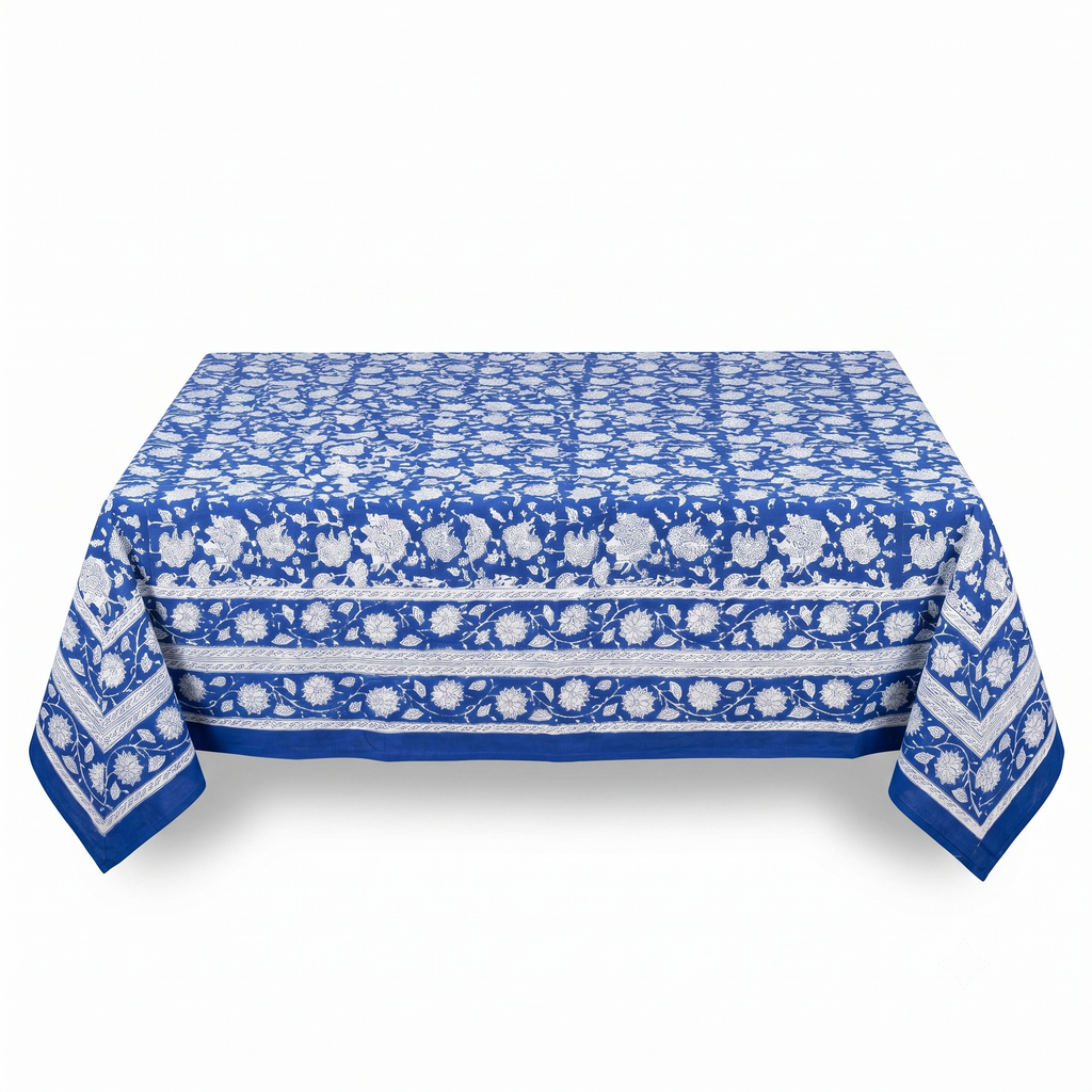 Blue & White Floral Hand Block Print Cotton Tablecloth – Porcelain