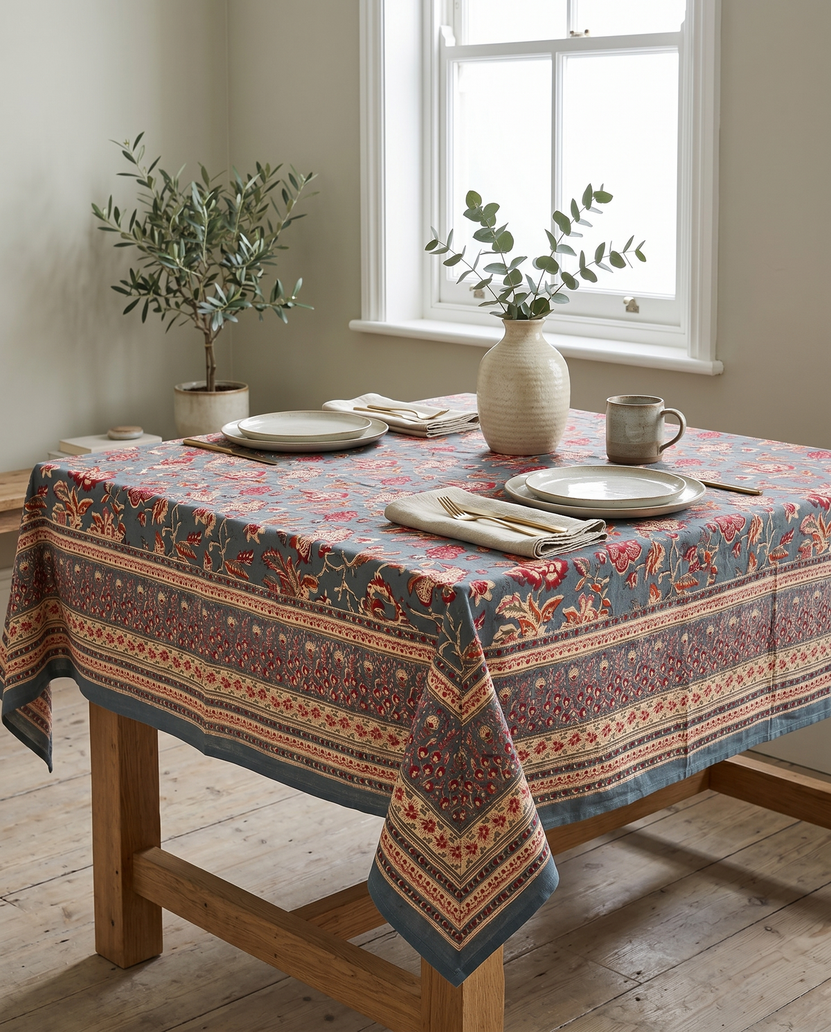 Teal & Rust Floral Hand Block Print Cotton Tablecloth – Sienna