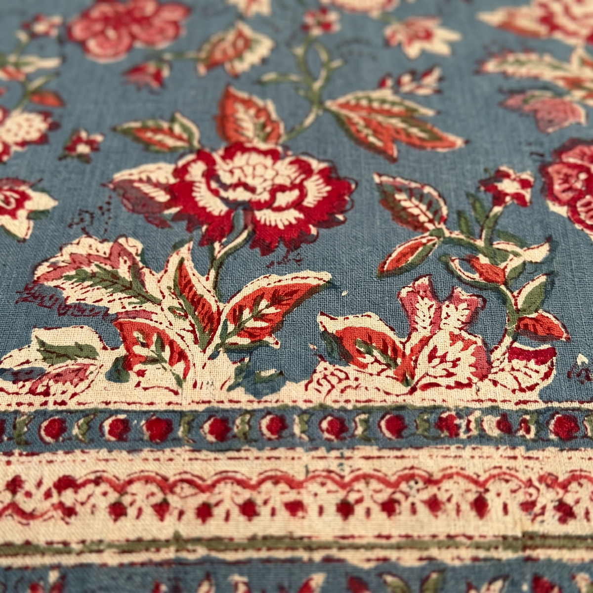 Teal & Rust Floral Hand Block Print Cotton Tablecloth – Sienna