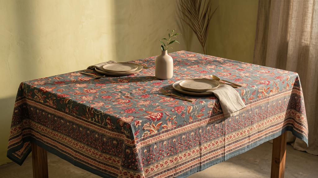 Teal & Rust Floral Hand Block Print Cotton Tablecloth – Sienna