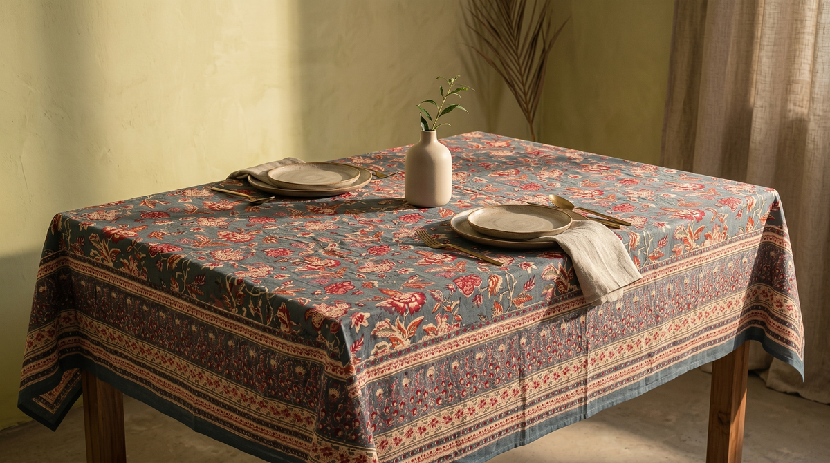 Teal & Rust Floral Hand Block Print Cotton Tablecloth – Sienna