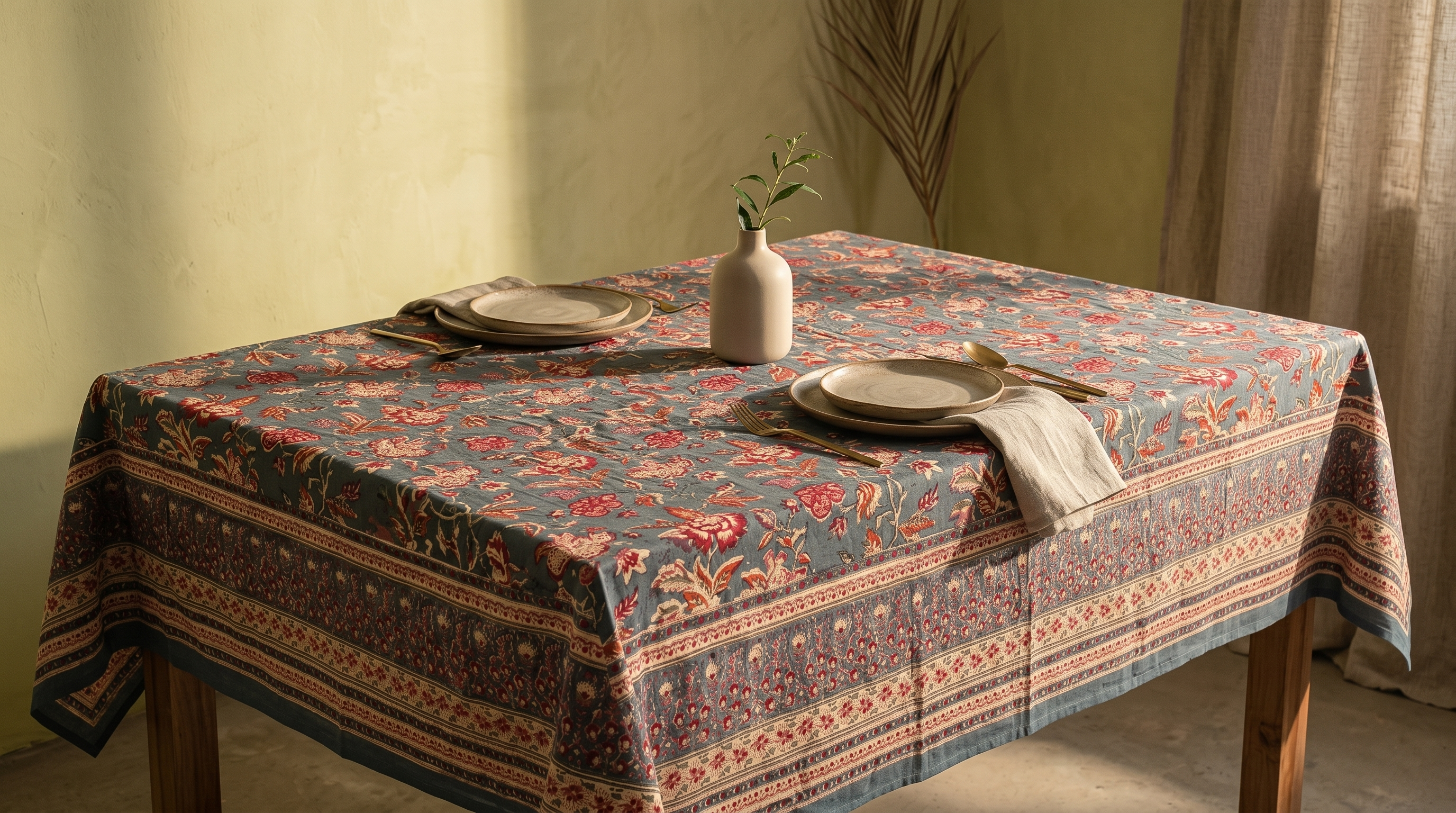 Teal & Rust Floral Hand Block Print Cotton Tablecloth – Sienna