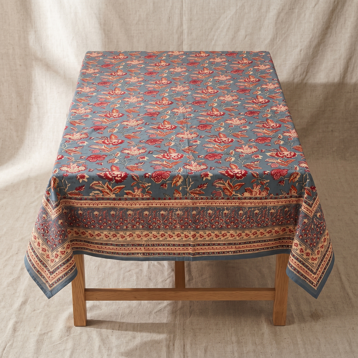 Teal & Rust Floral Hand Block Print Cotton Tablecloth – Sienna