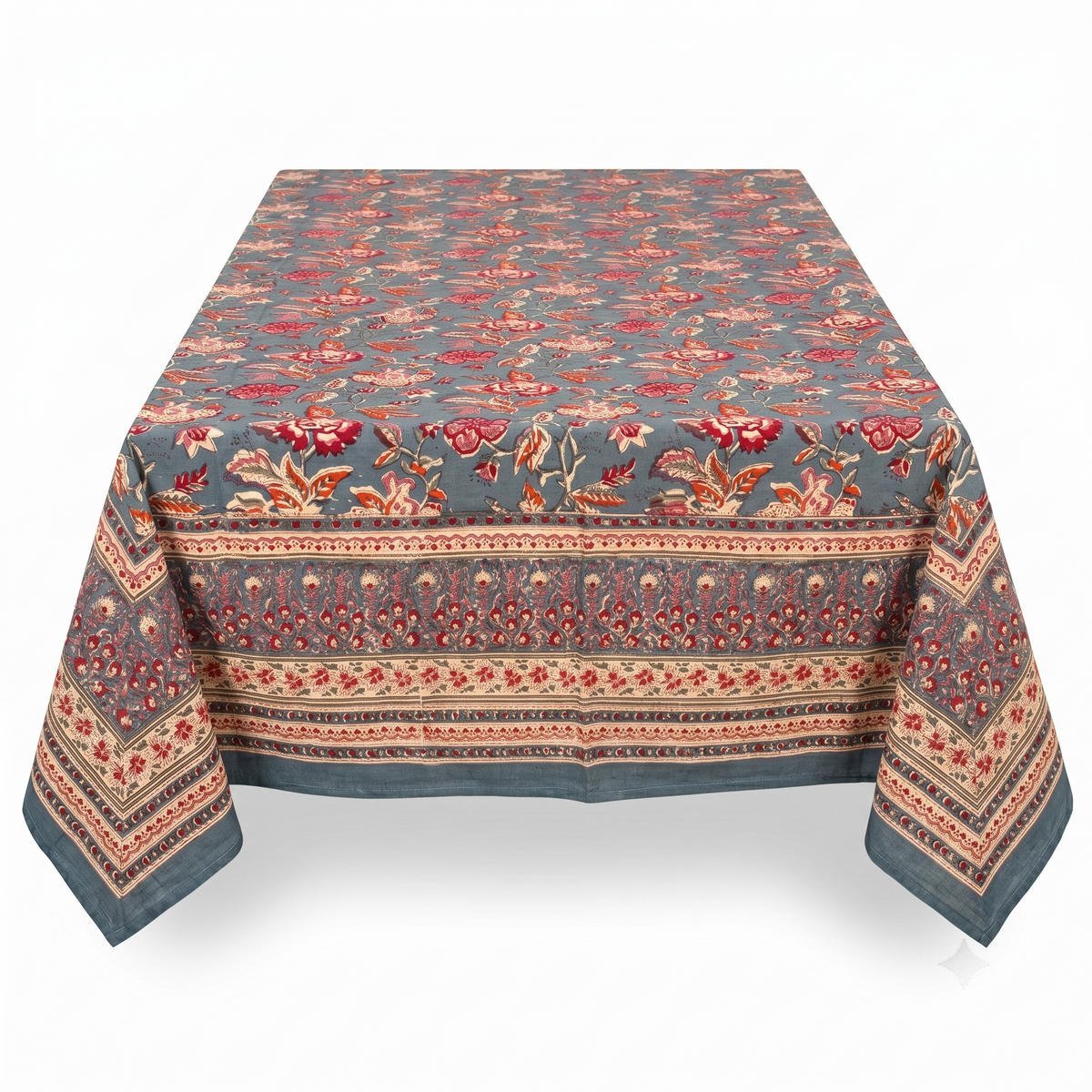 Teal & Rust Floral Hand Block Print Cotton Tablecloth – Sienna