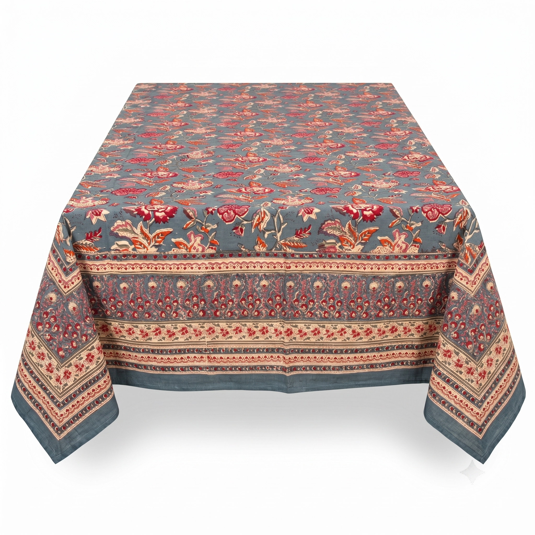 Teal & Rust Floral Hand Block Print Cotton Tablecloth – Sienna