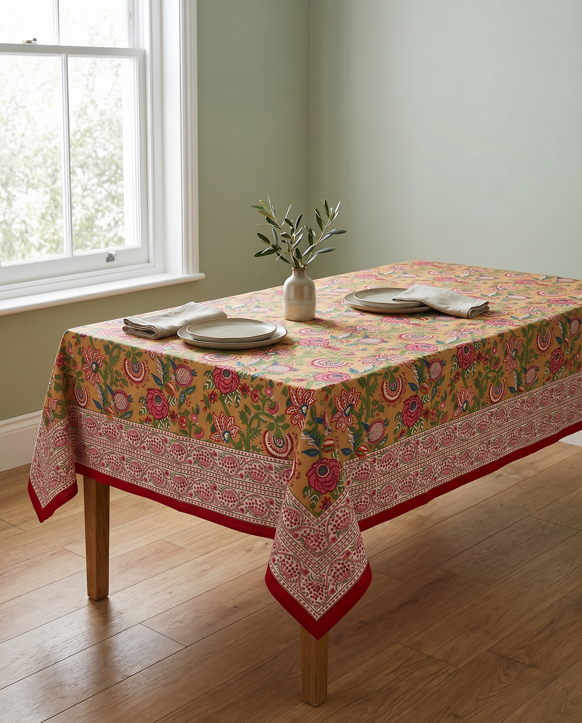 Mustard Multicolour Floral Hand Block Print Cotton Tablecloth – Marigold