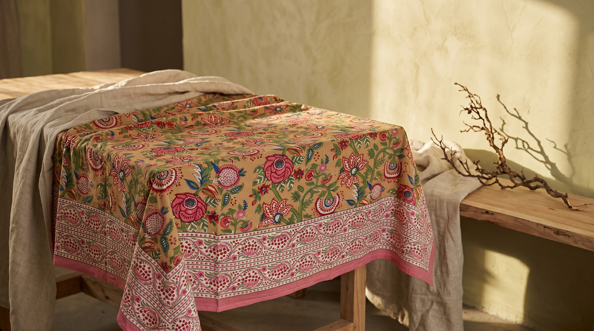 Mustard Multicolour Floral Hand Block Print Cotton Tablecloth – Marigold