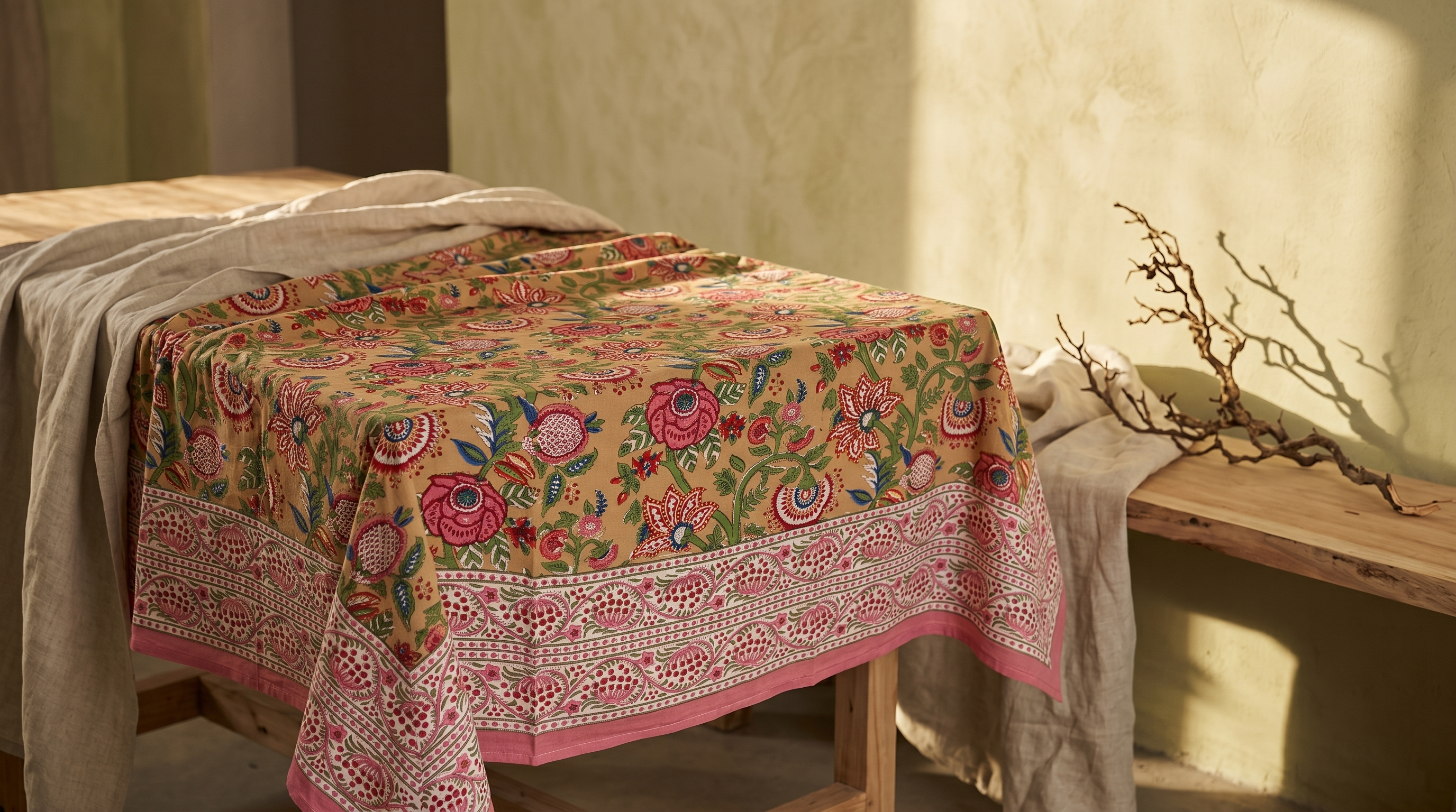 Mustard Multicolour Floral Hand Block Print Cotton Tablecloth – Marigold