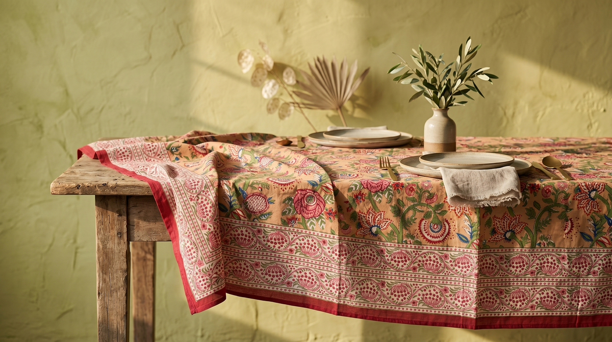 Mustard Multicolour Floral Hand Block Print Cotton Tablecloth – Marigold