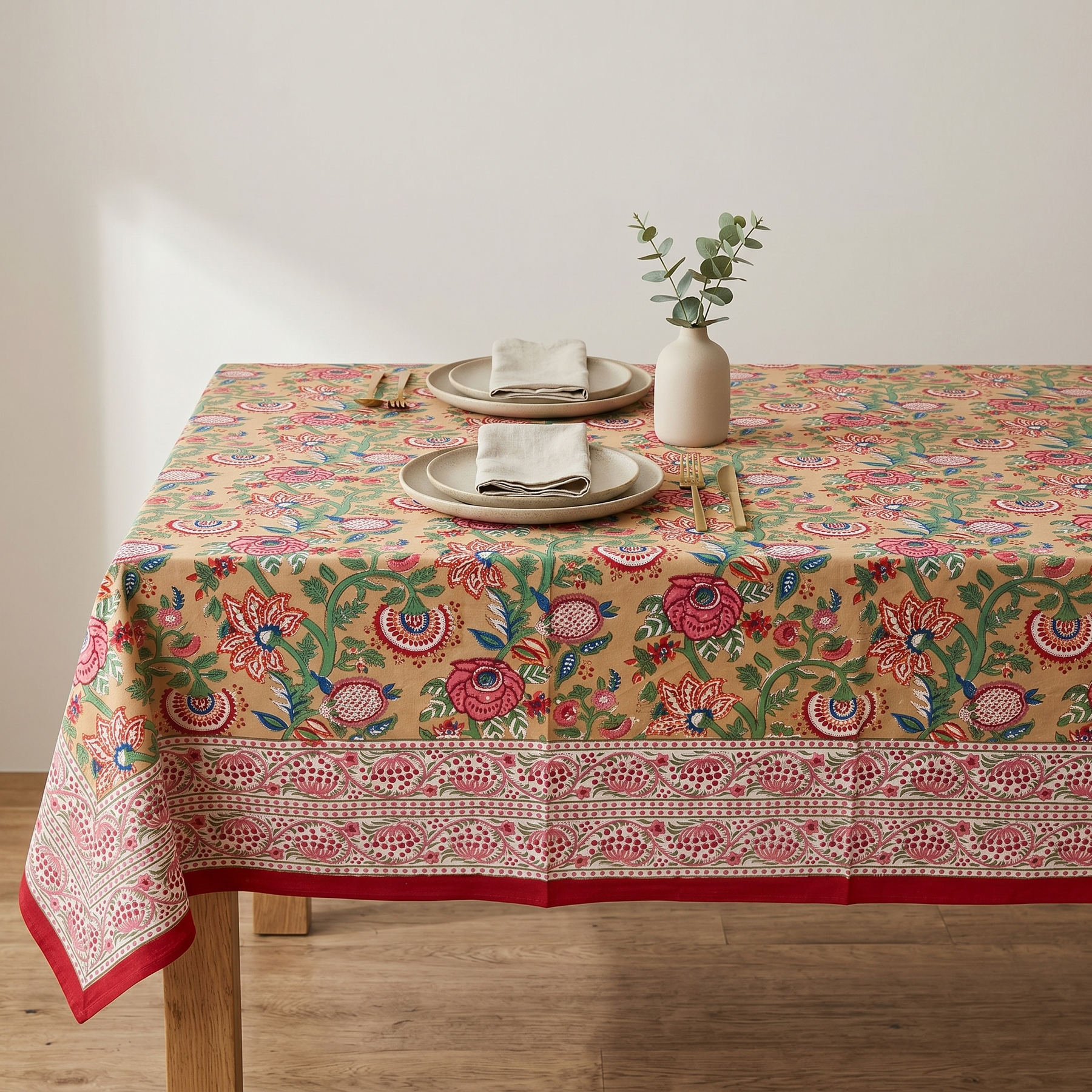 Mustard Multicolour Floral Hand Block Print Cotton Tablecloth – Marigold