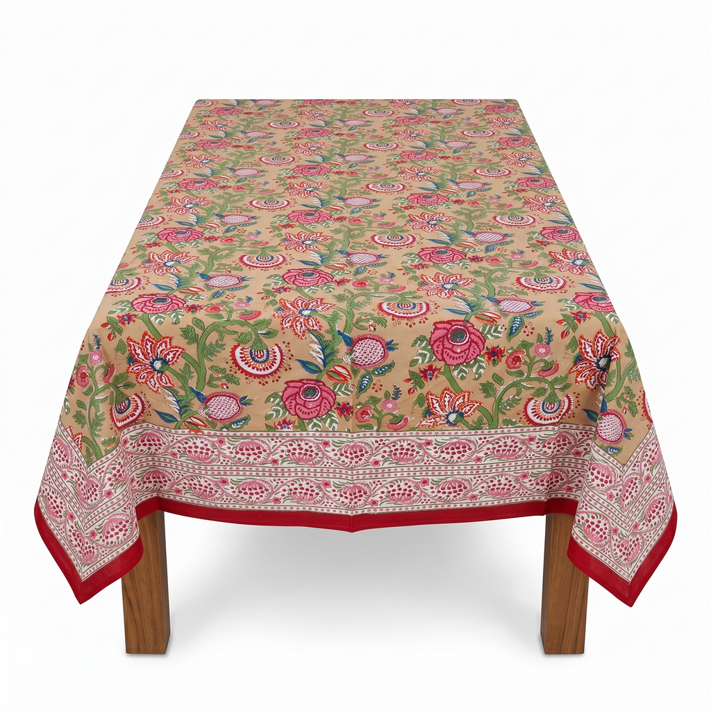 Mustard Multicolour Floral Hand Block Print Cotton Tablecloth – Marigold
