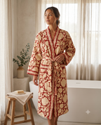 Cream & Red Floral Waffle Cotton Kimono Robe – Camellia
