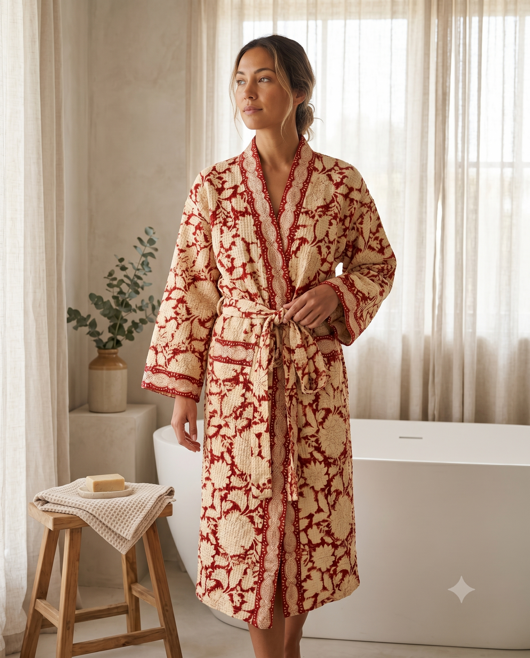 Cream & Red Floral Waffle Cotton Kimono Robe – Camellia