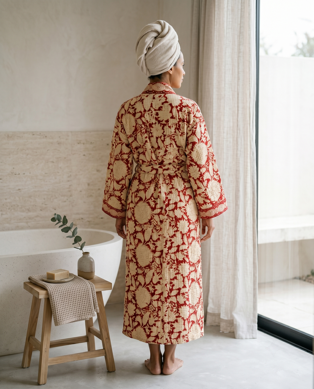 Cream & Red Floral Waffle Cotton Kimono Robe – Camellia