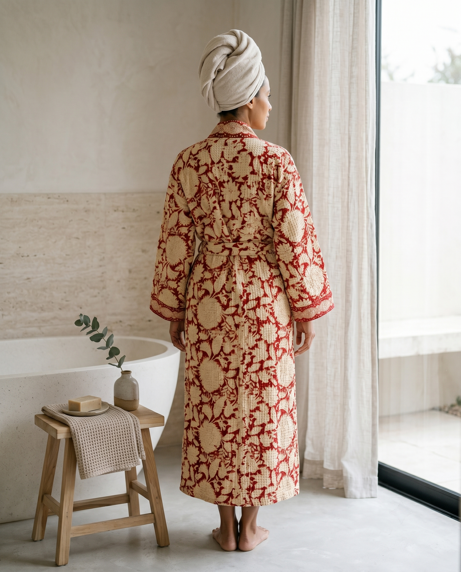 Cream & Red Floral Waffle Cotton Kimono Robe – Camellia