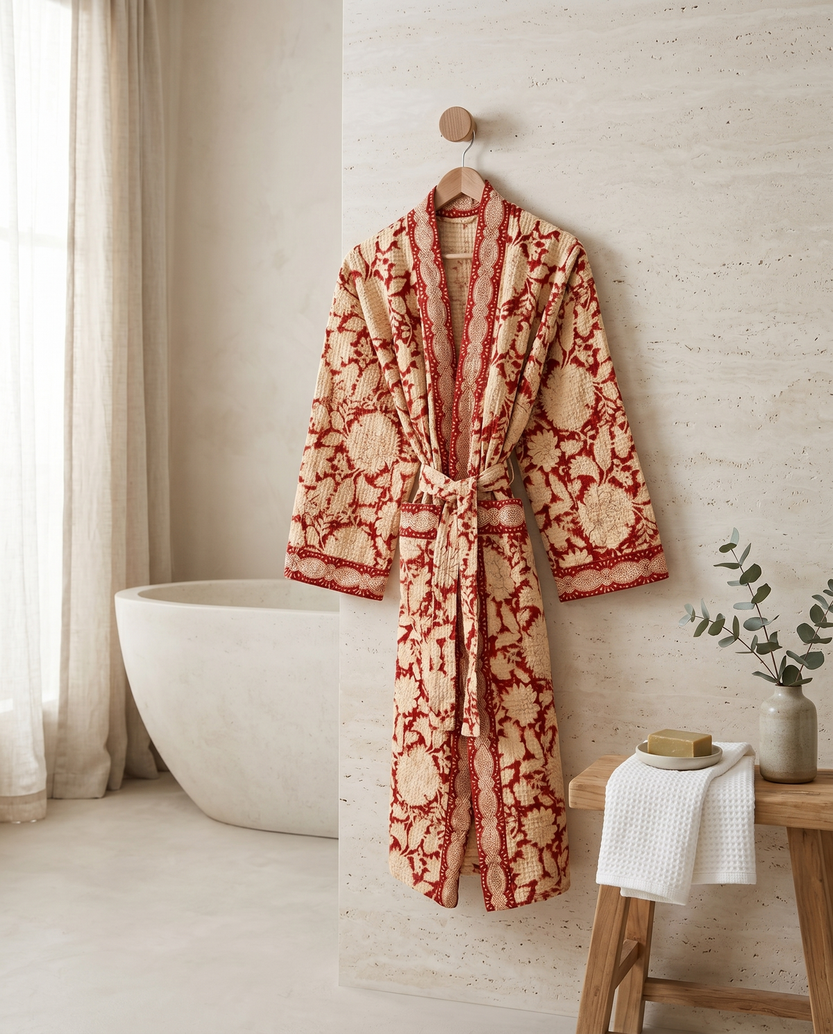 Cream & Red Floral Waffle Cotton Kimono Robe – Camellia